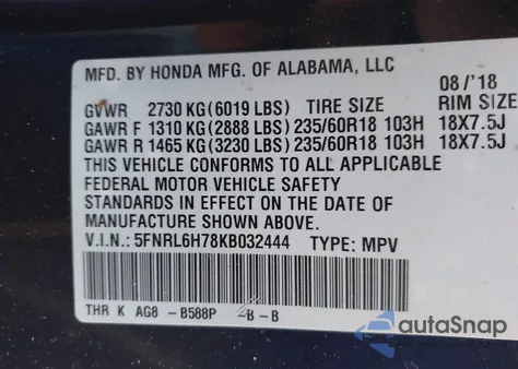 2019 Honda Odyssey Ex-L z USA, uszkodzony, nr VIN 5FNRL6H78KB032444